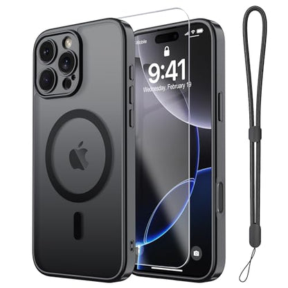 Magnetic Case for iPhone 16 Pro Case with Screen Protector+Wrist Strap | Compatible with MagSafe,Full Camera Protection,Slim Translucent Matte Phone Cover,Black - color: Black