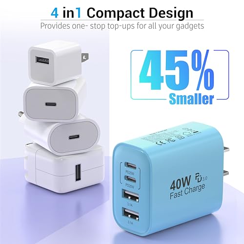 TT&C USB C Charger Block, 40W 4 Ports Wall Charger for iPhone 17,16,15,14 - color: Blue 1Pack