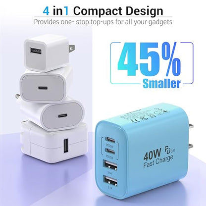 TT&C USB C Charger Block, 40W 4 Ports Wall Charger for iPhone 17,16,15,14 - color: Blue 1Pack