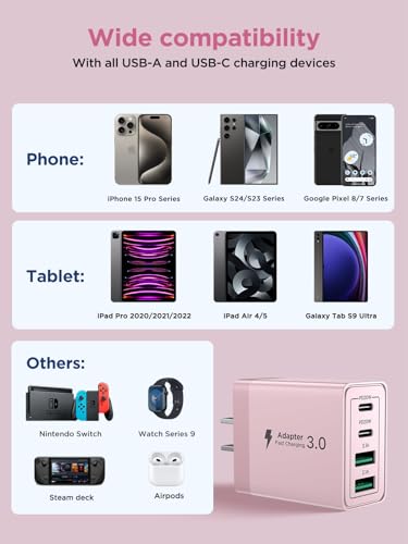 [2-Pack] USB C Charger Block, 4 in 1 USB C Wall Charger PD 3.0 40W Charging Blocks, QC 2A USB Wall Charger for iPhone 17 16 15 14 13 12 Pro Max, iPad, iPod - color: Purple + Pink