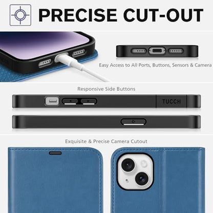 TUCCH Wallet Case for iPhone 14 Plus (6.7") 2022, Flip Stand, Lake Blue | RFID Blocking, 4 Card Holders, Kickstand, PU Leather, Shockproof TPU Shell, Magnetic Closure, Protective Folio Cover - color: Lake Blue
