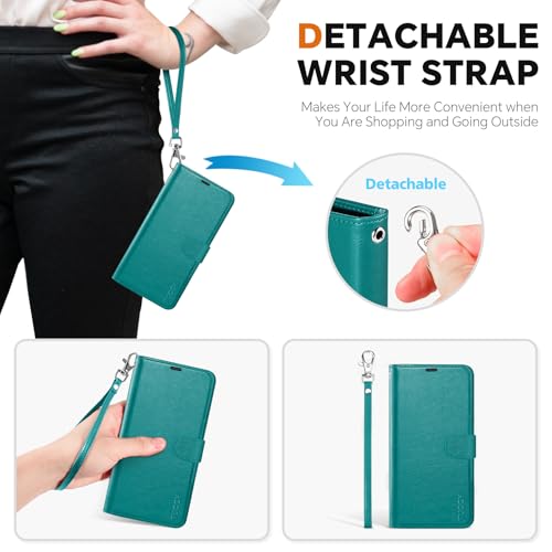 TUCCH Detachable 2-in-1 Wallet Case for iPhone 17e/16e (6.1"), Cyan | RFID Blocking, 4 Card Slots, Wrist Strap, Wireless Charging, Stand, Shockproof TPU, PU Leather, Magnetic, Folio Cover - color: Textured Cyan