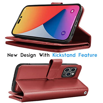 Tekcoo Wallet Case Compatible with iPhone 14 (6.1 inch) 2022 Luxury ID Cash Credit Card Slots Holder Carrying Pouch Folio Flip PU Leather Cover [Detachable Magnetic Hard Case] with Strap [Wine Red] - color: W-Wine Red, size: IP 14 (6.1")