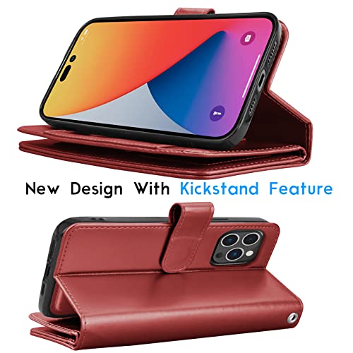 Tekcoo Wallet Case Compatible with iPhone 14 Plus (6.7 inch) 2022 Luxury ID Cash Credit Card Slots Holder Carrying Pouch Folio Flip PU Leather Cover [Detachable Magnetic Case] - Wine Red - color: W-Wine Red, size: IP 14 Plus (6.7")