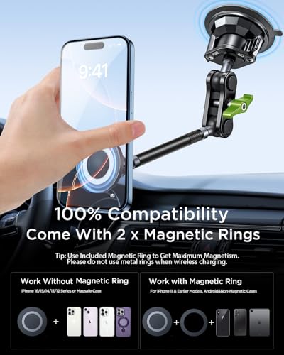 Magnetic Car Phone Holder, Ultra Stable Windshield Phone Mount, Strong Suction Cup & Powerful Magnetic, 360° Rotatable, Durable Premium Aluminum Alloy, for All Vehicles & All Smartphones - style: Extended