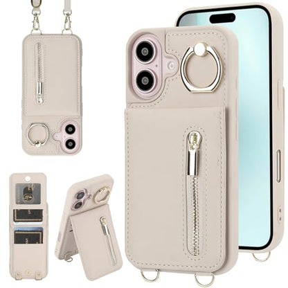Crossbody Wallet Case for iPhone 17, with Card Slots Zipper Pocket Case, Flip Folio Purse RFID Blocking with Detachable Strap-Beige - color: Beige, size: iPhone 17(6.3")