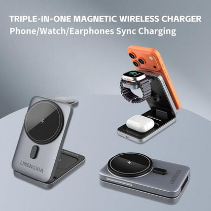 3-in-1 Adjustable Magnetic Charger, 15W for iPhone/Watch/AirPods - color: Grey