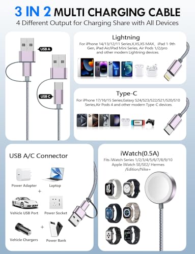 2Pack Travel Essentials for Apple Watch Charger,3-in-2 Multi Charging Cable - color: Gray, size: 2Pack-6 FT