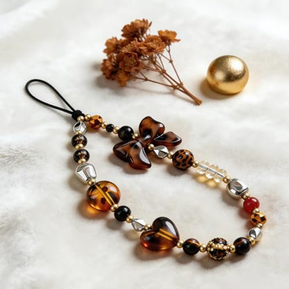 Cute Beaded Camera Wrist Strap for Phone, Digital Camera Charm Lanyard, Pearl Beaded Chain for Bag Keychain Gift - color: Leopard Bow