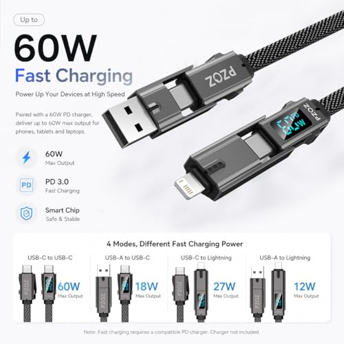pzoz 4-in-1 Multi Charging Cable with LED Display, 60W PD Fast Charging - style: 60W