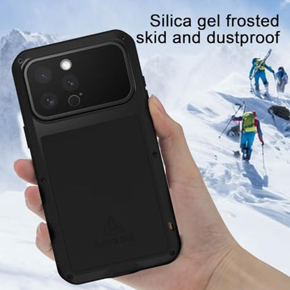 LOVE MEI Military Rugged Case for iPhone 16 Pro Max, with Tempered Glass Screen Protector, Shockproof Dustproof Scratch Proof Hybrid Metal and Silicone Gel Heavy Duty Full Body Cover Black - color: Black