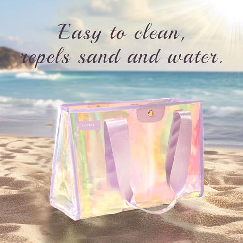 GolfFox Iridescent Beach Bag, 2Pack Jelly Beach Tote Bag with Phone Pouch | Large Beach Bag Waterproof Sandproof, Snap & Zipper Beach Tote ,Pink & Purple Clear Pool Swim Bag for Women, Beach Essentials - color: Purple & Pink Iridescent