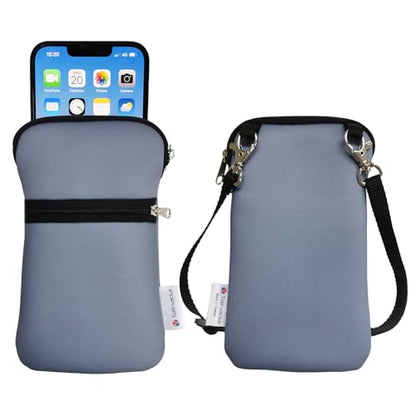 Tainada Neoprene Small Crossbody Zipper Neck Cellphone Case Pouch (Gray) | Mini Neoprene Dual Zip Wallet Purse Bag; Water-Resistant, Shockproof, Lightweight; Adjustable & Detachable Lanyard Strap - color: Gray