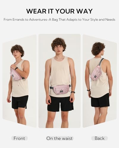 WATERFLY Small Fanny Pack RFID Blocking Travel Hiking Crossbody Waist Bag | Anti-theft design, Water resistant, Lockable zipper, Hidden rear pocket, Lightweight hip belt bag, EDC Running, Cycling, Gym - color: Pink