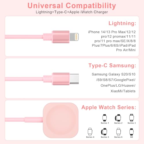 MTAKYI Retractable Multi 3-in-1 USB C+Lightning Charging Cable+Apple iWatch Charger Cable,Travel Multiple Car Charge Cord for iWatch Series 9 8 7 6 5 SE/iPhone 14 13 12 Pro/Samsung -Pink