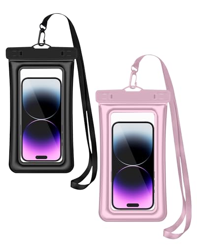 Floating Waterproof Phone Pouch (2-Pack), IPX8 Dry Bag with Built-in Airbag, Touch-Friendly Clear Case with Lanyard for Beach, Swimming, Kayaking & Cruise, Fits Phones up to 7.2" (Black-Pink) - color: Black-Pink