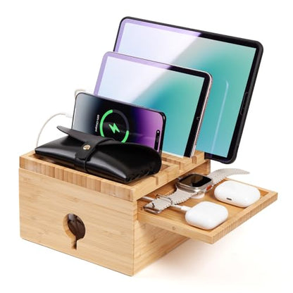 Bamboo Charging Station Organizer, No USB Charger and Cables - color: Natural bamboo color