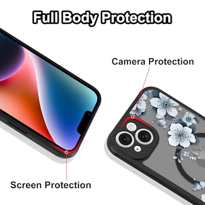 Magnetic for iPhone 14 Case,White Flower | [Compatible with MagSafe] Cute Fashion Translucent Matte Hard Back Shockproof Anti-Scratch Phone Case,Ink Flower - color: Ink Flower, size: iPhone 14