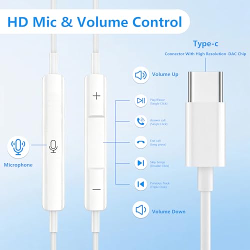 5 Pack USB C Headphones with Microphone Volume Control for iPhone 17/16/15 Pro Max iPad Plus Type-C USB-C Wired Earbuds USB Type C Earphone for Samsung S25 Ultra S24 S23 S22 （1.2M/4Ft）