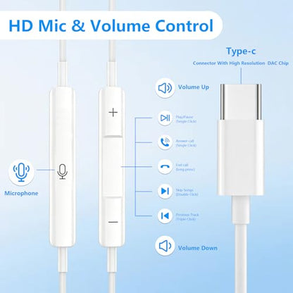 5 Pack USB C Headphones with Microphone Volume Control for iPhone 17/16/15 Pro Max iPad Plus Type-C USB-C Wired Earbuds USB Type C Earphone for Samsung S25 Ultra S24 S23 S22 （1.2M/4Ft）