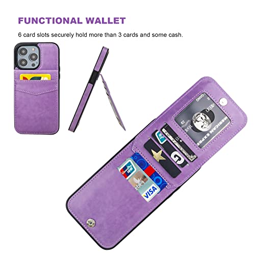 KIHUWEY for iPhone 14 Pro Max Wallet Case Card Holder Kickstand, Purple | Credit Card Slots, PU Leather, Magnetic Clasp, Flip Heavy Duty Protection Cover for Men and Women - color: Purple