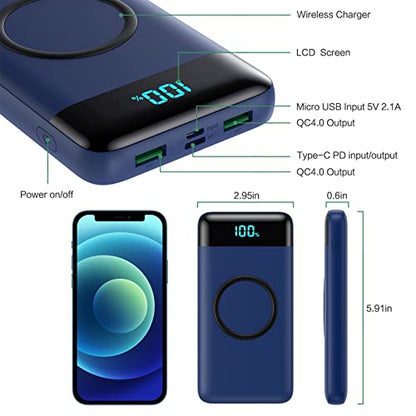 Wireless Portable Charger 30,800mAh,15W Wireless Charging USB C Power Bank,25W PD QC 4.0 Fast Charging 4 Outputs Travel Essentials Battery Pack Compatible with iPhone 17/16/15/14,Galaxy,Android-Blue - color: Blue