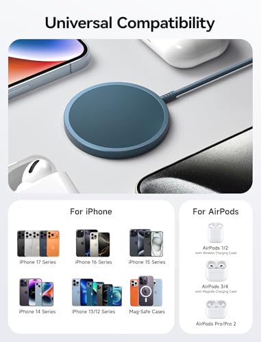 JSAUX Charger for iPhone 17 Magsafe Wireless Charging, Compatible with iPhone 17 Air Pro Max/16/15/14/13/12 Series, Magnetic Mag Safe Charging Pad, Aluminum Alloy, USB & USB C Dual Ports - Blue - color: Blue