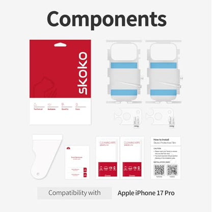 skoko [4 Pcs in 2Pack Matte Back & Side Edge Full Body Cover Protective Film with Slim Lens around Cover for iPhone 17 Pro, Bubble-Free, Easy Attachment, TPU-Like Screen Protector