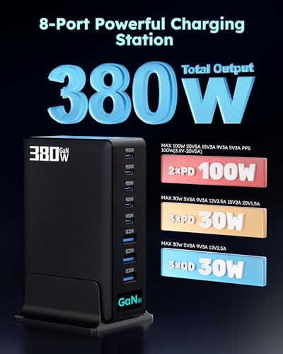 380W USB-C Charger Block, 8-Port USB-C Charging Station PD 30W + 100W PC Laptop, Fast Charging Hub with High-Power Fast Charging Cable for MacBook Pro/Air, DELL, iPad, iPhone, Samsung Galaxy Black - color: 380W Black