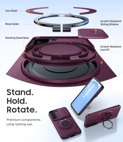 JAME for Samsung Galaxy S22 Case with Ring Stand & Slide Camera Cover - color: Dark Cherry, size: Galaxy S22