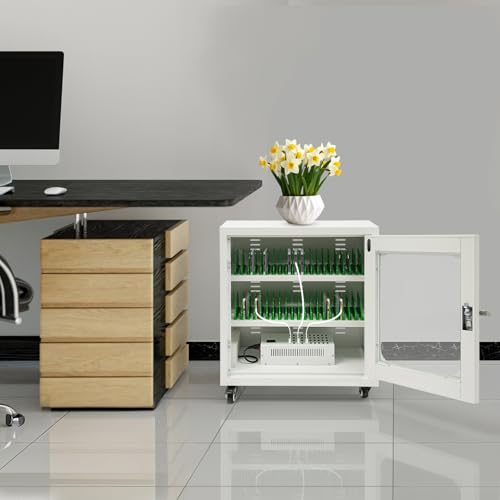 40-Device Charging Station, Charging Cabinet for Cellphones, Rechargeable Cellphone Locker Storage Charging Station, USB Cell Phone Charging Cart with Cable Management & Lock - color: White-40 Slots