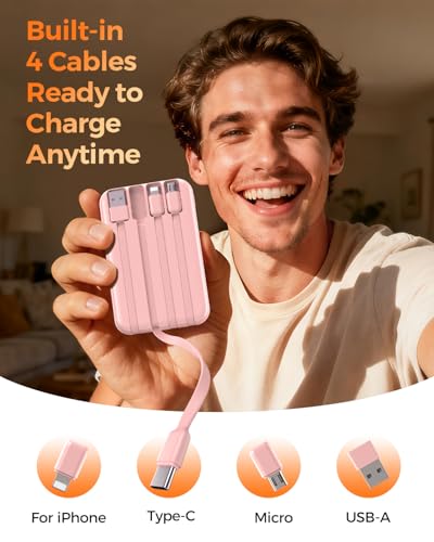 Portable Charger 10000mAh with 4 Built-in Cables 40% Smaller - color: Pink