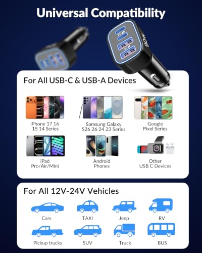 USB C Car Charger, 4-Port 90W Type C Super Fast Cigarette Lighter Adapter - style: 1-Pack