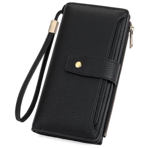 GAEKEAO Womens Wallet RFID Blocking Large Capacity Vegan Leather Card Holder Wristlet Clutch with 32 Card Slots 4 ID Windows - color: X01-Black