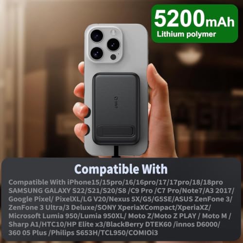 USB-C Portable Charger Compatible with iPhone 15, 16, 17 & Android Devices Power Bank Magnetic Battery & Adjustable Stand TSA Travel Approved USB Rechargeable Built-in Cable Black - color: Black
