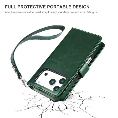 Bocasal Detachable Wallet Case Card Holder for iPhone 17 Pro, Green | RFID Blocking Kickstand Card Slots Holder PU Leather Magnetic Shockproof Wrist Strap Removable Flip Protective Cover 6.3 inch - color: Green