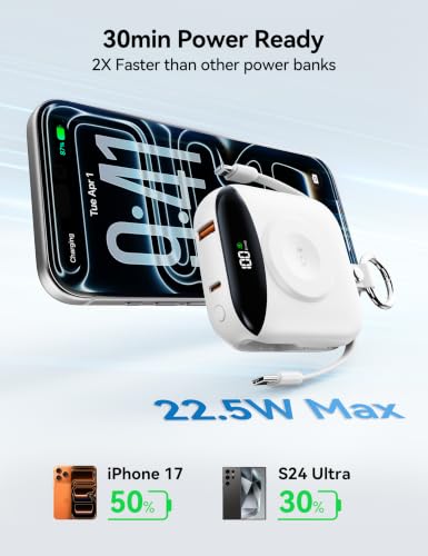 Portable Charger 10000mAh 22.5W Power Bank Built-in 2 Cables Keychain | Charge 5 Devices, TSA approved, Travel Fast Charging Battery Pack for iPhone Samsung Google Android & iWatch Charger, White - color: White