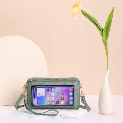 GOIACII Phone Purse Crossbody Bags for Women Small Travel Wallet Touch Screen RFID Blocking - color: A11 Green Pattern