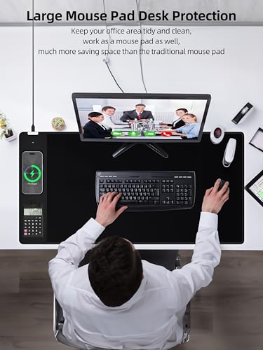 Mouse Pad 31.5x15.75 Inch with Calculator, 15W Magnetic Wireless Charging Desk Mat, XXL Desk Pad, Home Office Large Keyboard Pad with Ultra-Smooth Surface, Non-Slip Base (Black with 20W PD Charger) - color: 31.5x15.75"magnetic Calculator No Rgb-black W/Pd