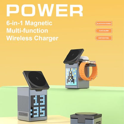 6 in 1 Foldable Magnetic Wireless Charging Station, 15W Fast Charging Dock for Phone, Earbuds, and Watch, Travel Friendly Wireless Charger Stand with LED Clock