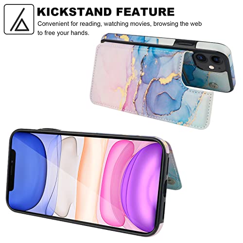 HAOPINSH for iPhone 11 Wallet Case with Card Holder, Pink Blue Marble Pattern Back Flip Case PU Leather Kickstand Card Slots Case for Women Girls, Double Magnetic Clasp Shockproof Cover 6.1" - color: Pink Blue Marble