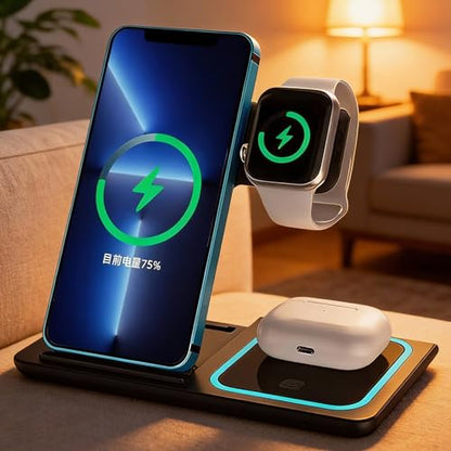 3-in-1 Foldable Wireless Charger with Night Light - 15W Fast Wireless Charger for Simultaneous Charging of Phone, Watch & Earbuds, Compatible with All Qi-Certified Devices,X455 Black. - color: Multifunctional Wireless Charger X455 Black