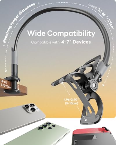 SAIJI Gooseneck Bed Phone Holder, Flexible Long Arm Phone Mount for Desk, Clip Bracket Clamp Stand, iPhone Stand, Mobile Cell Phone Stand Document Camera Nintendo Switch (Black) - color: Black, size: 33.5 in