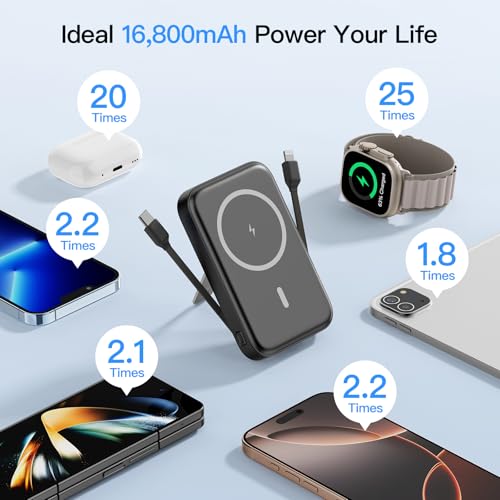 16800mAh Magnetic Power Bank with Built-in Cables for iPhone Series | MagSafe Portable Charger LED Display Wireless Charger Travel Essential Battery Pack for iPhone 17/16/15/14/13/12 Andriod