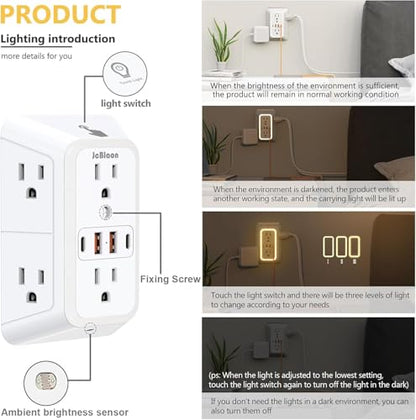 Outlet Extender with Night Light, Multi Plug Outlet Surge Protector,6 Outlet Splitter with 4 USB Outlet (2 USB A,2 USB C) 3 Sided Multi Plug Wall Adapter Power Strip for Home Travel Office 2 Pack - color: White-2Pcs