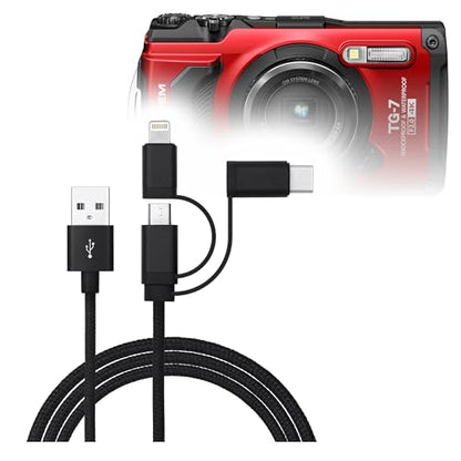 BoxWave Cable Compatible with OM System Tough TG-7 - AllCharge 3-in-1 Cable - Jet Black