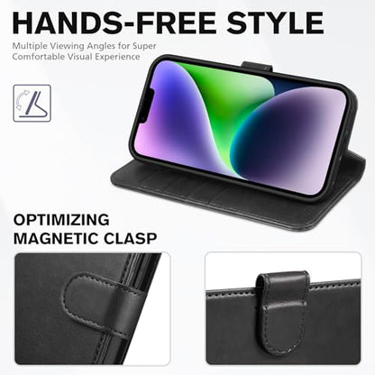 TUCCH Wallet Case for iPhone 14 (6.1") 2022, 4 Card Holders, Black | RFID Blocking, Viewing Stand, Shockproof TPU Shell, PU Leather, Magnetic Closure, Protective Folio Flip Cover - color: Black