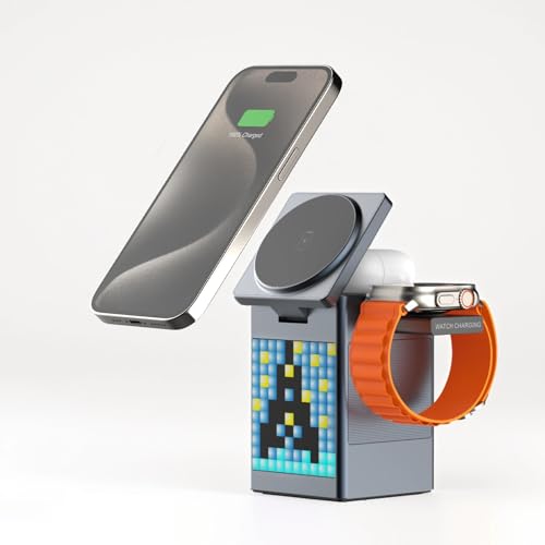 6 in 1 Foldable Magnetic Wireless Charging Station, 15W Fast Charging Dock for Phone, Earbuds, and Watch, Travel Friendly Wireless Charger Stand with LED Clock