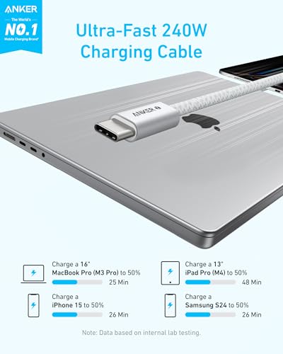 Anker Zolo USB C to USB C Cable, 240W Fast Charging Cable (6 ft, White) - color: White, size: 6ft