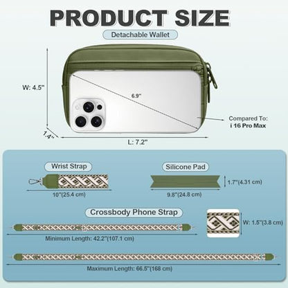 YFWE Clip and Go Strap for Phone with Wallet Crossbody, Adjustable Phone Lanyard with Detachable RFID Wristlet Wallet, Pattern Strap - Olive Green(L) - color: Olive Green, size: Large